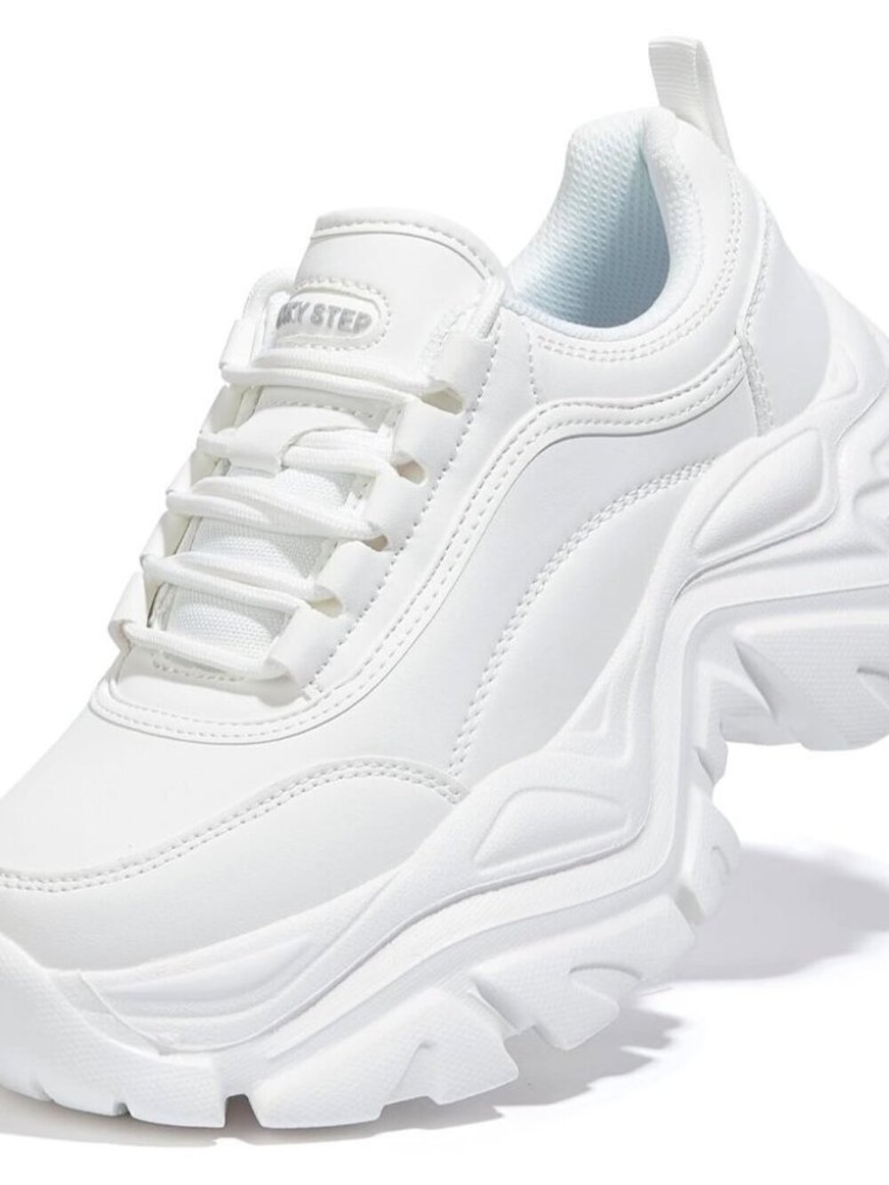 Women's White Chunky Rubber Platform Casual Lace-Up Walking Sneaker Shoes